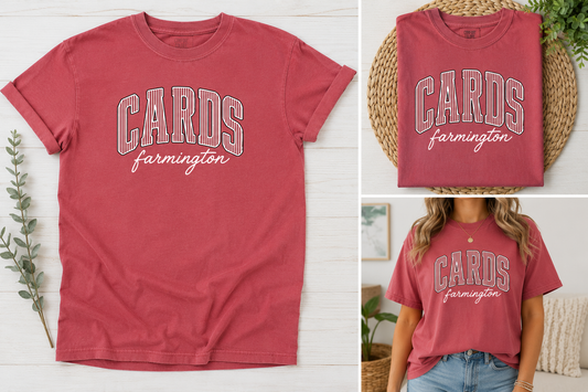 


Comfort Colors graphic t-shirt with 'CARDS farmington' printed in white varsity-style lettering.